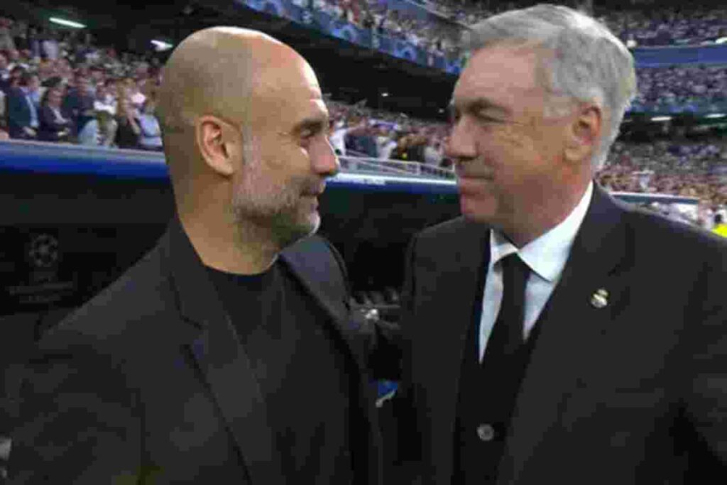 Pep Guardiola, allenatore del Manchester City, e Carlo Ancelotti, allenatore del Real Madrid