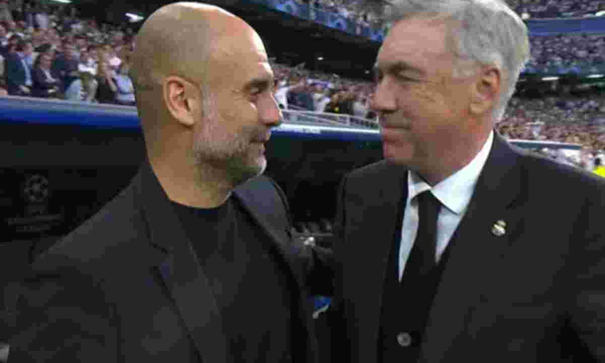 Pep Guardiola, allenatore del Manchester City, e Carlo Ancelotti, allenatore del Real Madrid